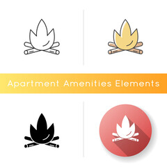Fireplace icon. Burning flame for campsite. Campfire for hiking in forest. Hot light of firewood. Fiery sticks. Outdoors comfort. Linear black and RGB color styles. Isolated vector illustrations