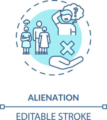 Alienation turquoise concept icon. Problem with individual integration in society. Social isolation idea thin line illustration. Vector isolated outline RGB color drawing. Editable stroke