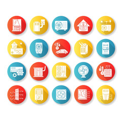 Air conditioning flat design long shadow glyph icons set. Climate control technology. Different household appliances and systems for temperature control. Silhouette RGB color illustration
