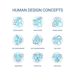 Human design turquoise concept icons set. Improve self understanding. Accept oneself. Individuality idea thin line RGB color illustrations. Vector isolated outline drawings. Editable stroke