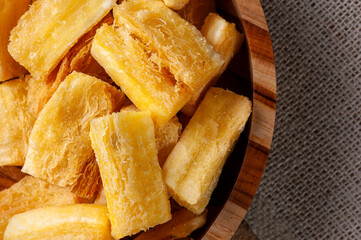 .Fried manioc. Traditional Brazilian food dish. Top view