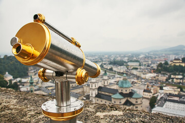 Sightseeing telescope on the observation deck of Hohensalzburg. Austria, Salzburg.