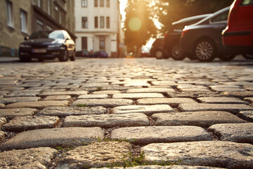 City street background with parked cars. Road paved with paving stones.