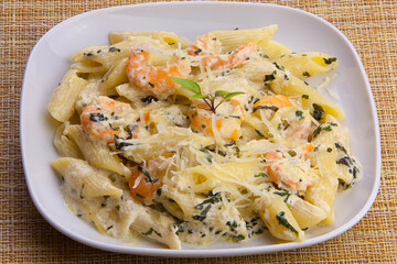 delicious Spaghetti pasta with prawns on  plate