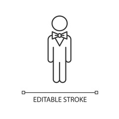 Concierge linear icon. Hotel manager. Person in suit. Business man in official apparel. Thin line customizable illustration. Contour symbol. Vector isolated outline drawing. Editable stroke