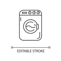 Laundromat linear icon. Public laundry place. Electric washing machine. Clothes with detergent. Thin line customizable illustration. Contour symbol. Vector isolated outline drawing. Editable stroke