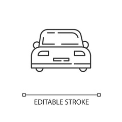 Obraz premium Auto linear icon. Front view on car. Vehicle for transportation. Headlight on automobile. Thin line customizable illustration. Contour symbol. Vector isolated outline drawing. Editable stroke
