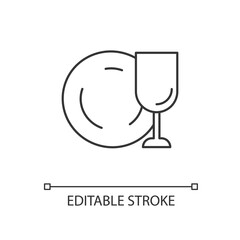 Tableware linear icon. Clean dish and glass. Kitchen dinnerware. Clear glassware from dishwasher. Thin line customizable illustration. Contour symbol. Vector isolated outline drawing. Editable stroke