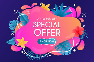 Naklejka premium Beautiful Summer Special Offer background. Summer sale banner template summer abstract geometric background with tropical leaves and flowers.