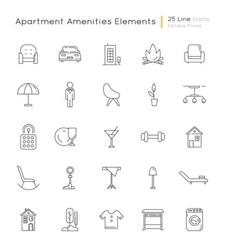 Apartment amenities linear icons set. Comfort living. House furniture and lighting. Condo building. Customizable thin line contour symbols. Isolated vector outline illustrations. Editable stroke