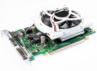 Graphic card or video card with large cooler, a white background