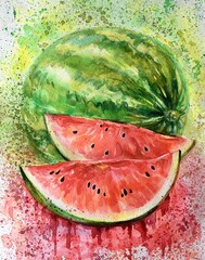 3 august national watermelon day. Watercolor juicy red, pink watermelon. Healthy food design.