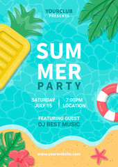 Summer party poster. Summer beach party flyer design with typographic elements on ocean landscape background.