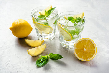 Cold refreshing lemonade or mojito with ice and mint leaves.