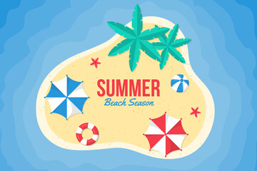 Summer background flat design. Summer background on the beach with umbrellas, beach balls, starfish and tropical leaves.