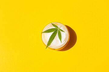 Natural cream of hemp leaves on a yellow background. Contrasting Sun Shadows