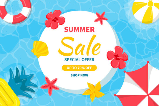 Hello Summer sale background. Beautiful background for summer sale with umbrellas, beach balls, starfish and tropical flowers in the sea.