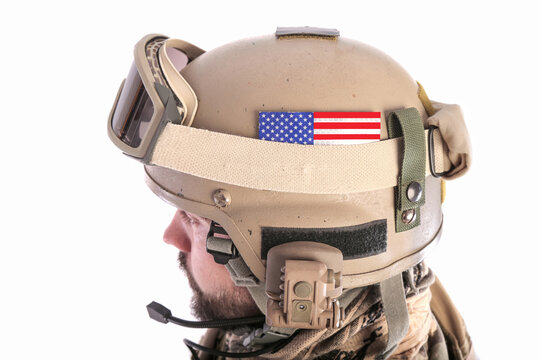 American soldier in a helmet. isolated on a white background. remedy. armor. American flag.