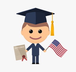 Cartoon graduate with graduation cap holds diploma and flag of the United States