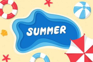 Summer background paper style. Summer background on the sea with umbrellas, beach balls and starfish.