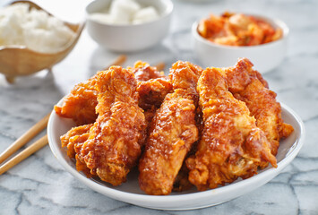 crispy fried korean chicken wings in soy garlic sauce with pickled radish and kimchi sides