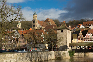 Bridge and River Kocher, Schwabisch Hall, Baden Wurttemberg, Germany - December 2013