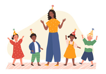 Diverse young kids with party hats in kindergarten with a woman teacher having fun together celebrating, colored vector illustration