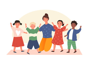 Happy diverse young kindergarten kids with a teacher waving and smiling together during a motivational game in an education concept, colored vector illustration