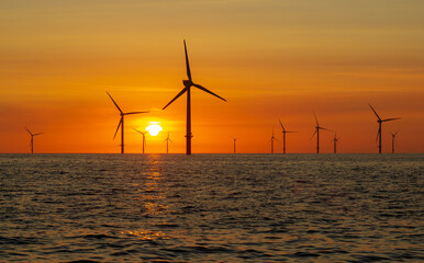 Beautiful sunset in the North Sea offshore wind farm