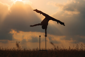 Obraz na płótnie Canvas A man of athletic build performs complex gymnastic exercises in a field at sunset.