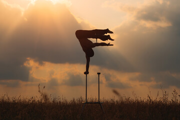 A man of athletic build performs complex gymnastic exercises in a field at sunset.