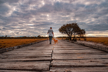 Man and dog walked on a bridge