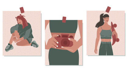 Set of stylish posters of three pieces. Abstract women. Contemporary art. Vector illustration.