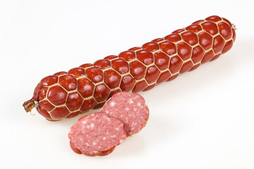 Tasty meat sausages over white background