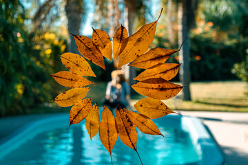 Yellow leaves in circle, woman in the pool