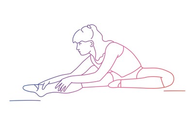 Girl doing stretching exercises. Sports.  Rainbow colours in linear vector illustration.