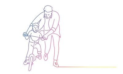 Father teaches son to ride a bike. Rainbow colours in linear vector illustration.
