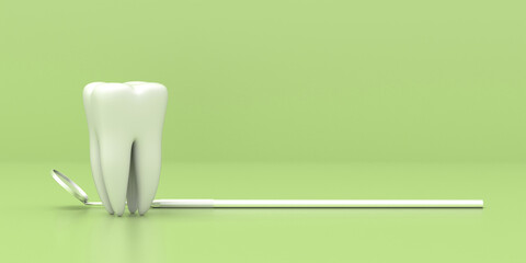 Dentist mirror and a tooth model on pastel green color background. 3d illustration