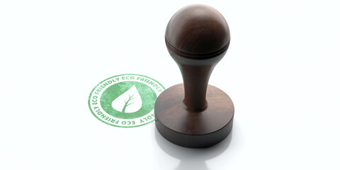Round rubber stamper and green stamp with text eco friendly isolated on white background. 3d illustration