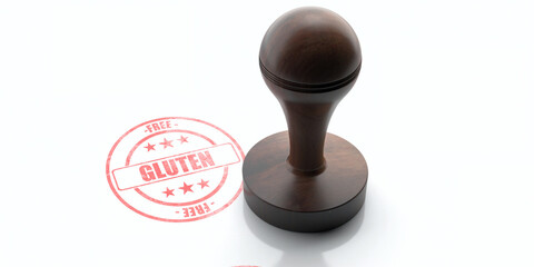 Wooden round rubber stamper and stamp with text gluten free isolated on white background. 3d illustration