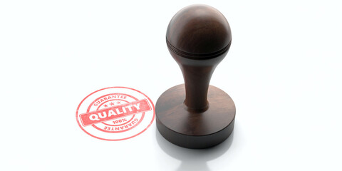 Wooden round rubber stamper and stamp with text quality isolated on white background. 3d illustration