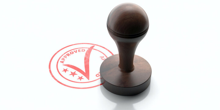 Wooden round rubber stamper and stamp with text APPROVED isolated on white background. 3d illustration