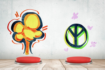 3d rendering of two red buttons with explosion and peace symbols drawn on white wooden floor background.