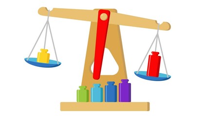 animated multi-colored toy scales with weights in a flat style, the weights are placed on the bowl