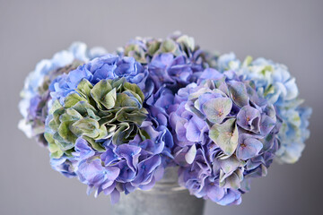 Beautiful blue hydrangea flowers in a vase on a table . Bouquet of light pink flower. Decoration of home. Wallpaper and background.