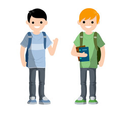 Conversation between two students with backpack and books. Study in College and University students. Men in high school. Couple young adult friend talk. Cartoon flat illustration