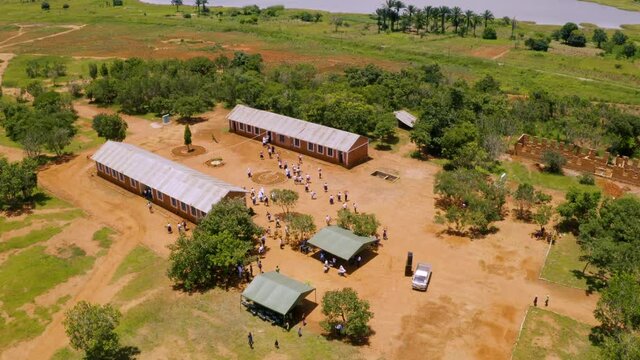 AERIAL: Drone Footage Of Students In A School In Tanzania