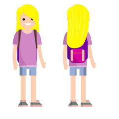 Young modern woman in blue clothes with a backpack. View of the cute happy girl from the back and front. Cartoon flat illustration - type of student