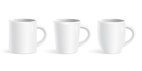Set of realistic white coffee mugs isolated on white background. Vector templates for Mockup