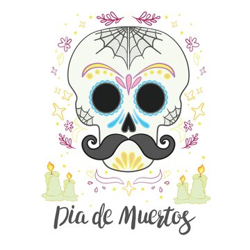 Vector hand drawn illustration of Mexican holiday "Day of the Dead". The postcard with traditional sugar skulls, marigold flowers and candles, and lettering "Dia de Muertos"